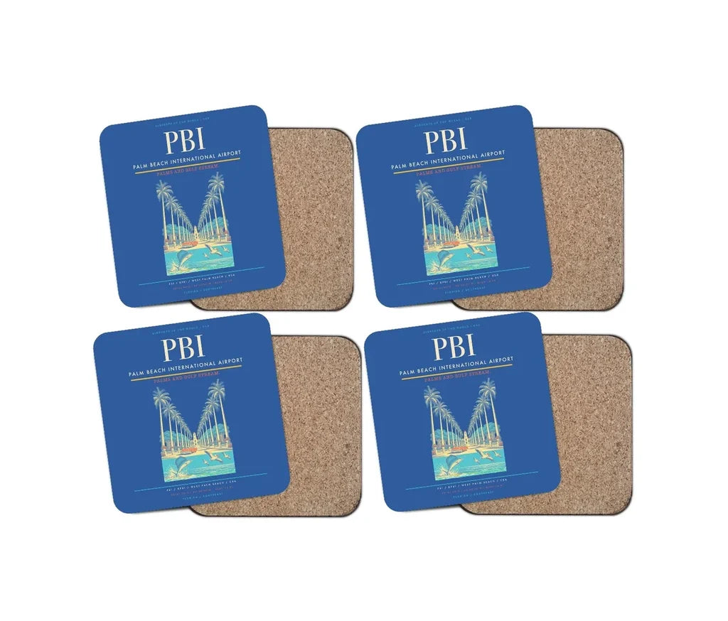 Palm Beach International Airport (PBI) design on blue 4 pieces set coaster