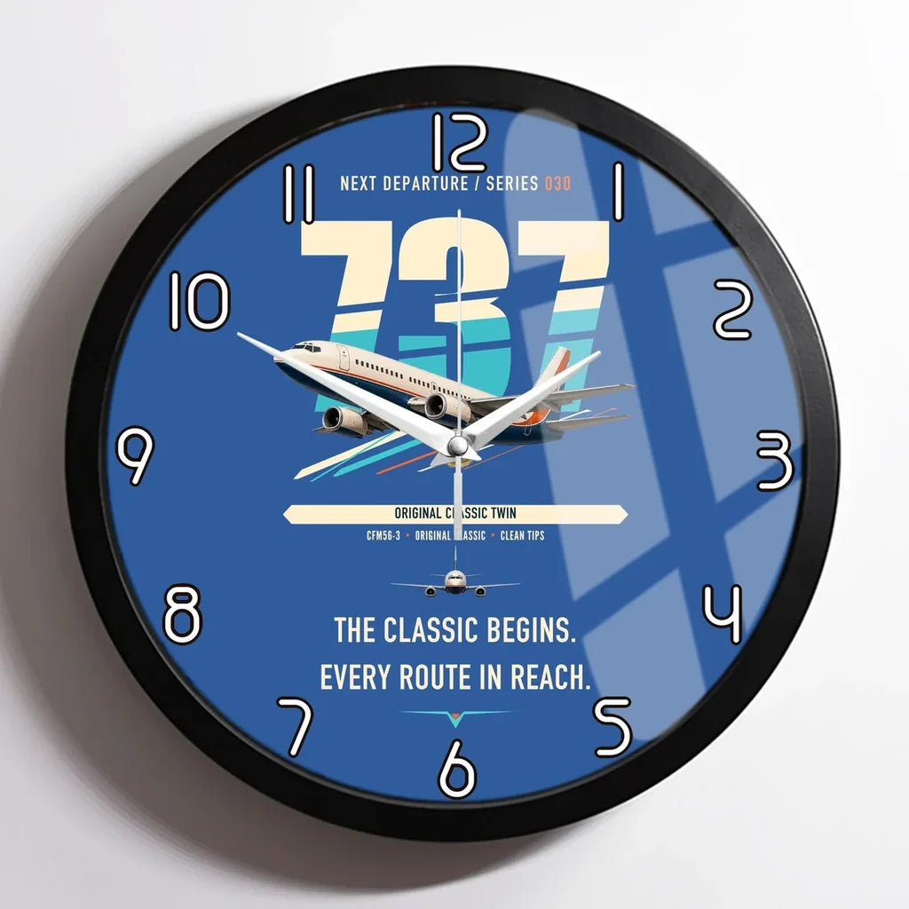 Boeing 737-300 Classic design on blue framed wall clock