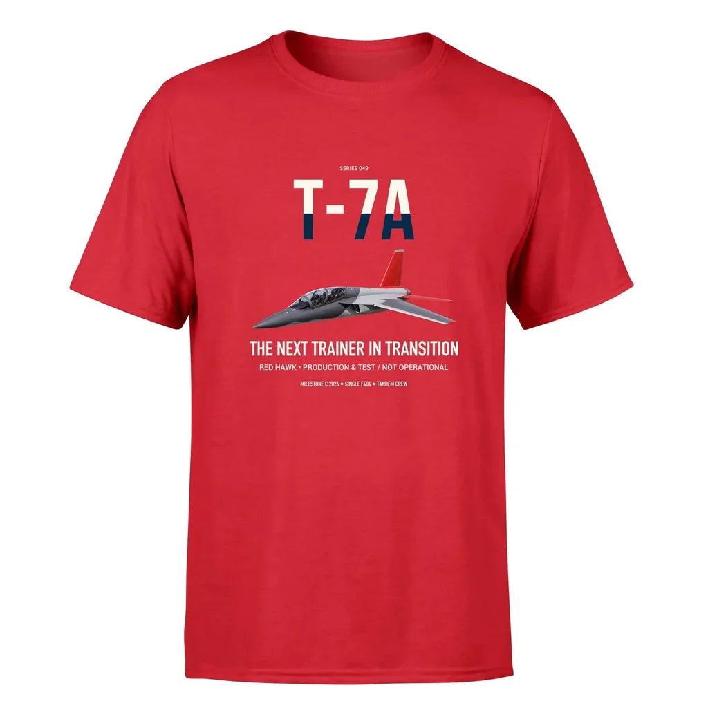T-7A Red Hawk design on red double-side t-shirt, single-side print