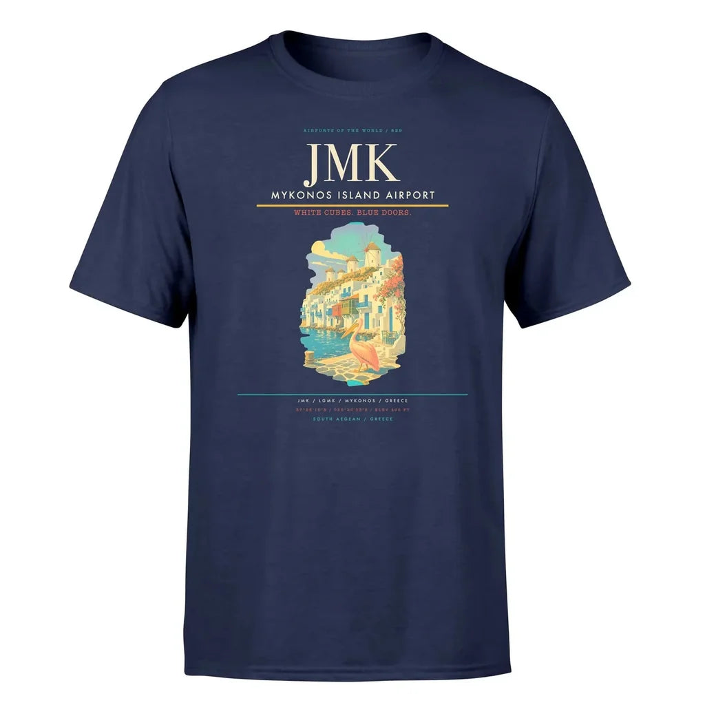 Mykonos Island Airport (JMK) T-Shirt single-side front print in Navy Blue | mykonos-island-airport-jmk-double-side-t-shirt