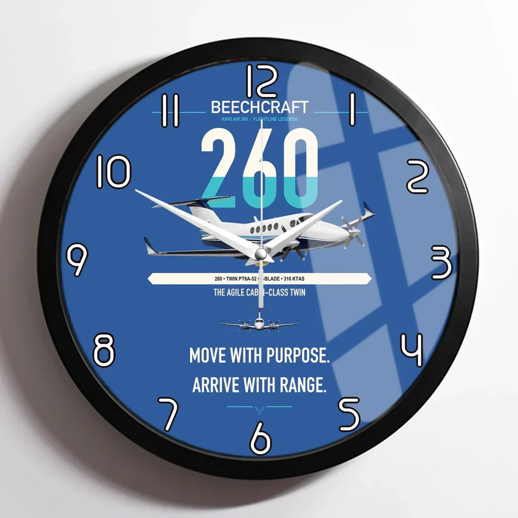 Beechcraft King Air 260 design on blue framed wall clock