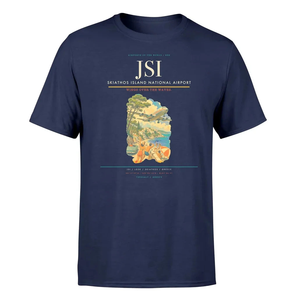 Skiathos Island National Airport (JSI) T-Shirt single-side front print in Navy Blue | skiathos-island-national-airport-jsi-double-side-t-shirt