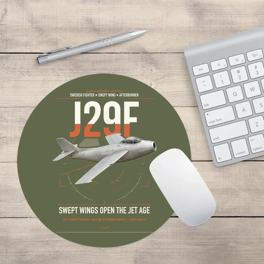 Saab J 29F Tunnan design on green army round mouse pad
