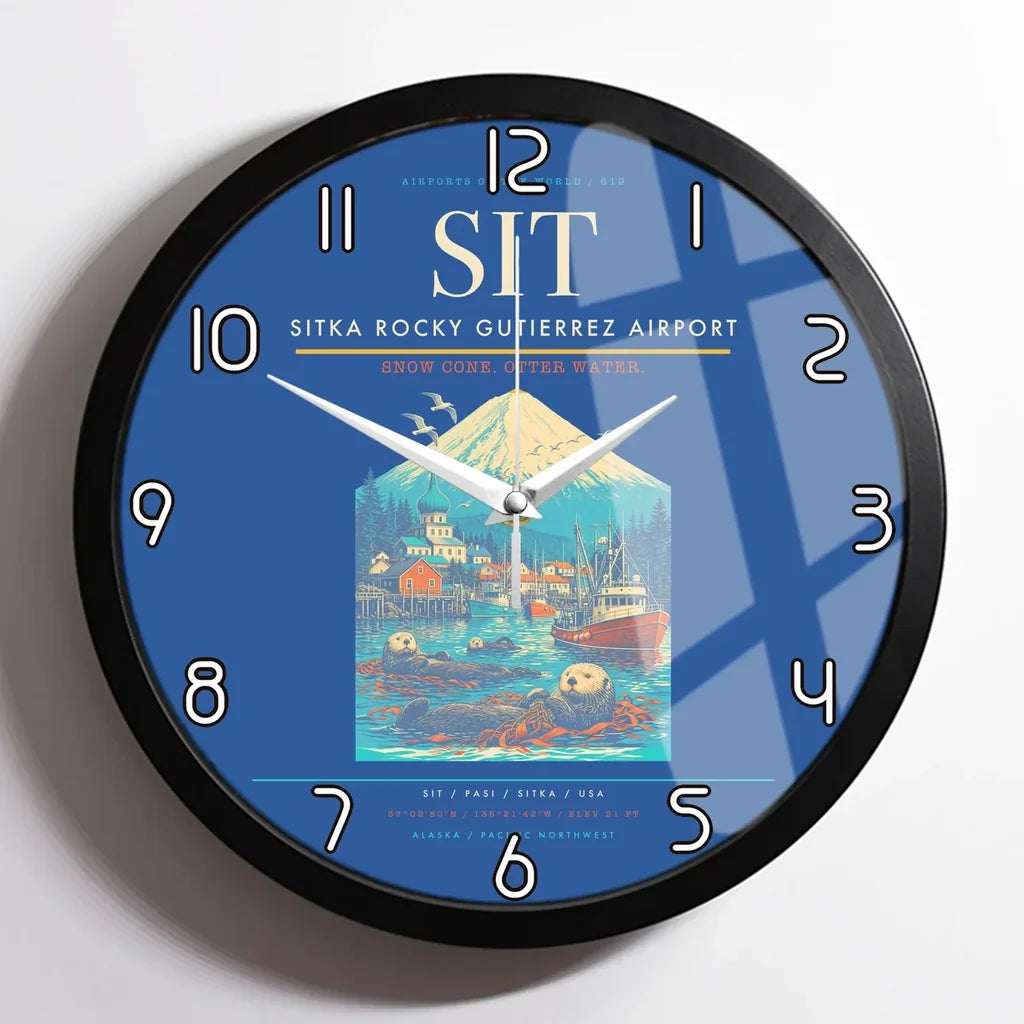Sitka Rocky Gutierrez Airport (SIT) design on blue framed wall clock