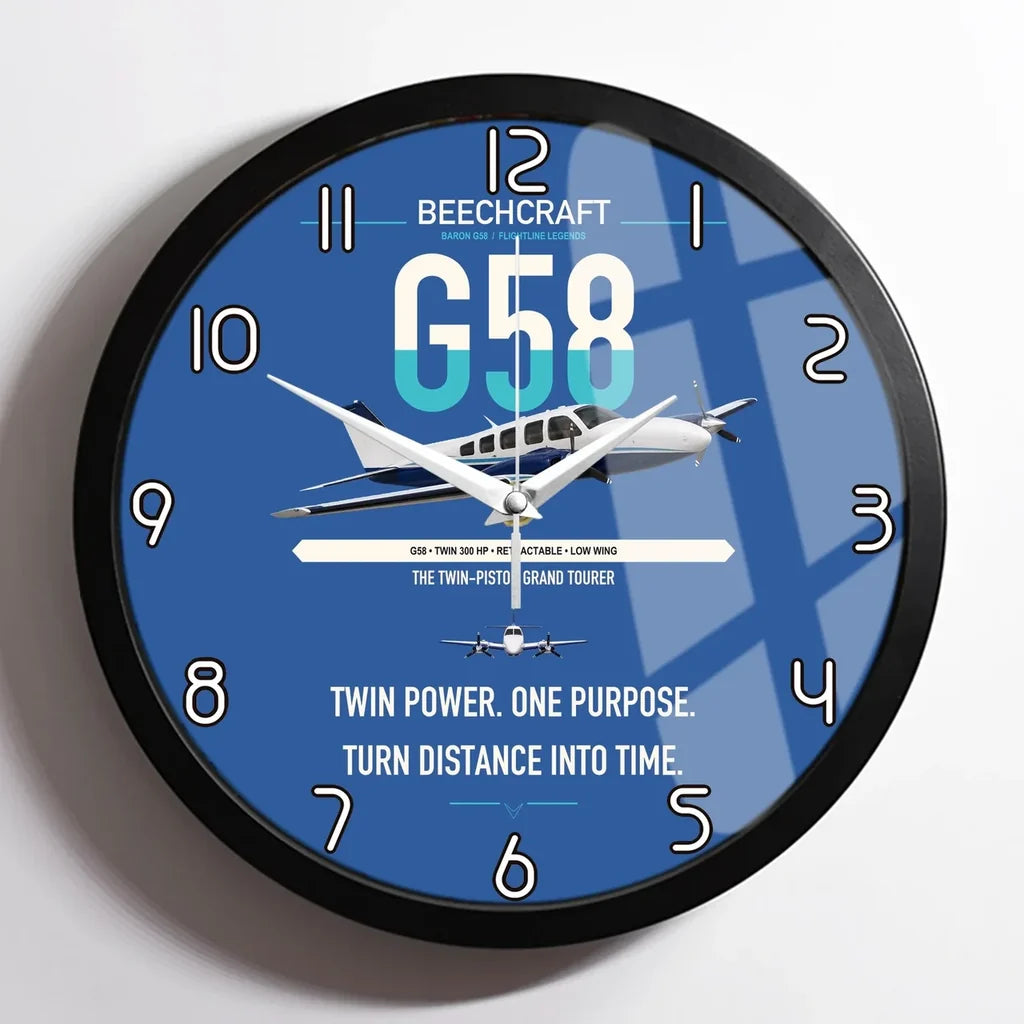 Beechcraft Baron G58 design on blue framed wall clock