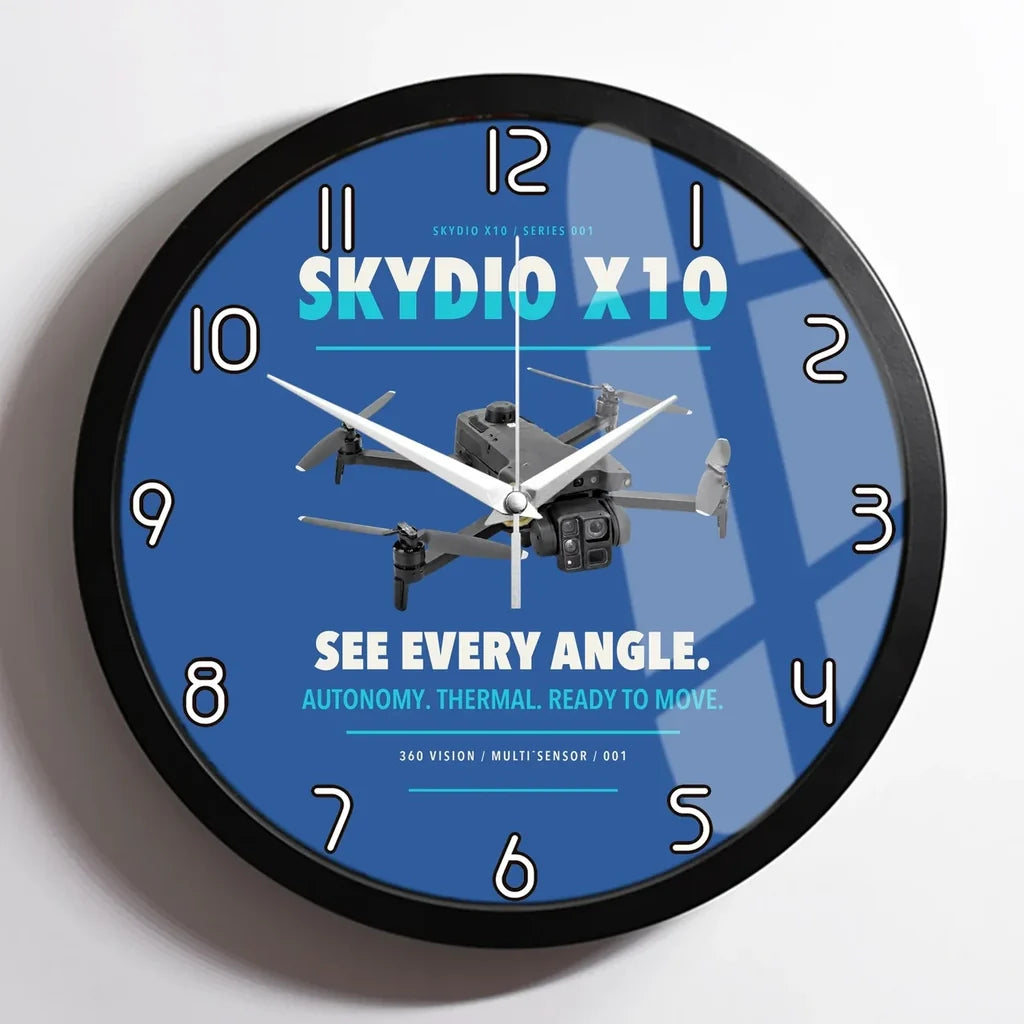 Skydio X10 design on blue framed wall clock