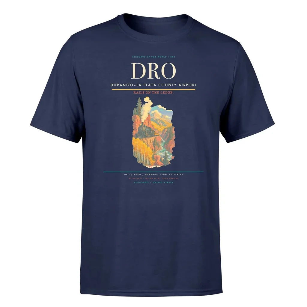Durango–La Plata County Airport (DRO) T-Shirt single-side front print in Navy Blue | durangola-plata-county-airport-dro-double-side-t-shirt