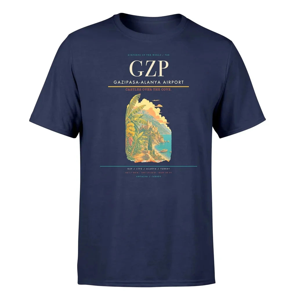 Gazipasa-Alanya Airport (GZP) T-Shirt single-side front print in Navy Blue | gazipasa-alanya-airport-gzp-double-side-t-shirt