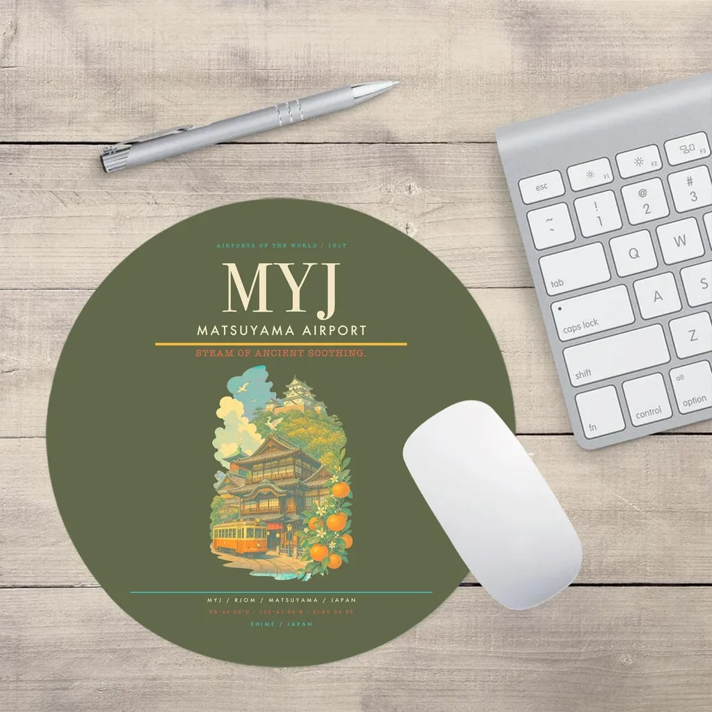 Matsuyama Airport (MYJ) design on green army round mouse pad