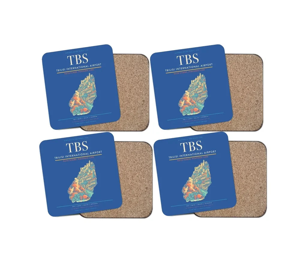 Tbilisi International Airport (TBS) design on blue 4 pieces set coaster