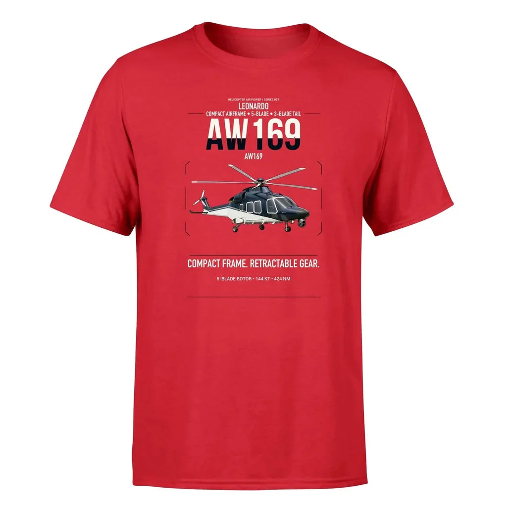 Leonardo AW169 design on red t-shirt, single-side print