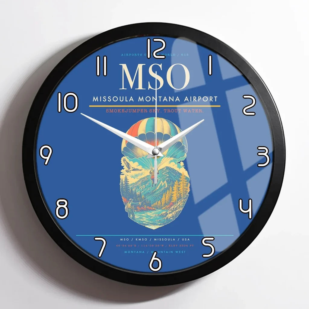 Missoula Montana Airport (MSO) design on blue framed wall clock