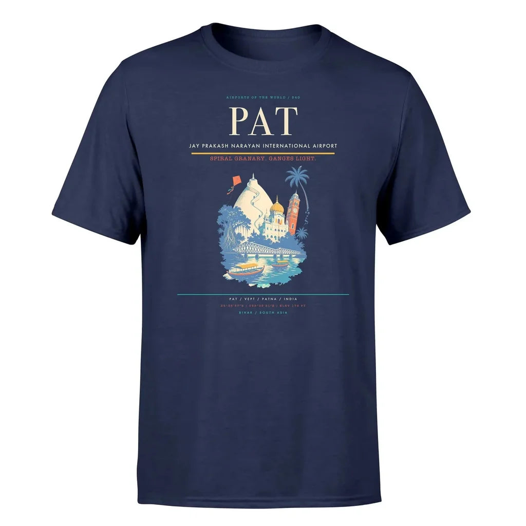 Jay Prakash Narayan International Airport (PAT) T-Shirt single-side front print in Navy Blue | jay-prakash-narayan-international-airport-pat-double-side-t-shirt