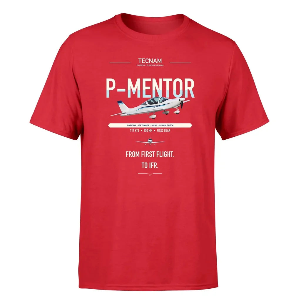 Tecnam P-Mentor design on red t-shirt, single-side print