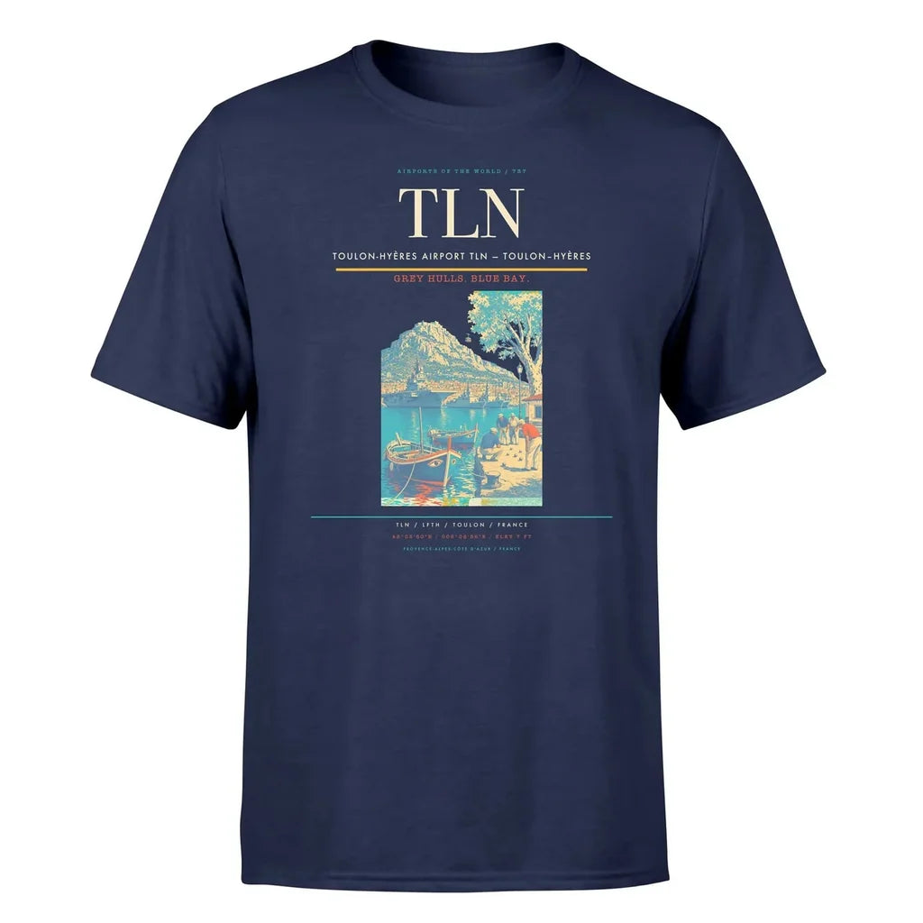 Toulon-Hyères Airport (TLN) T-Shirt single-side front print in Navy Blue | toulon-hyères-airport-tln-double-side-t-shirt