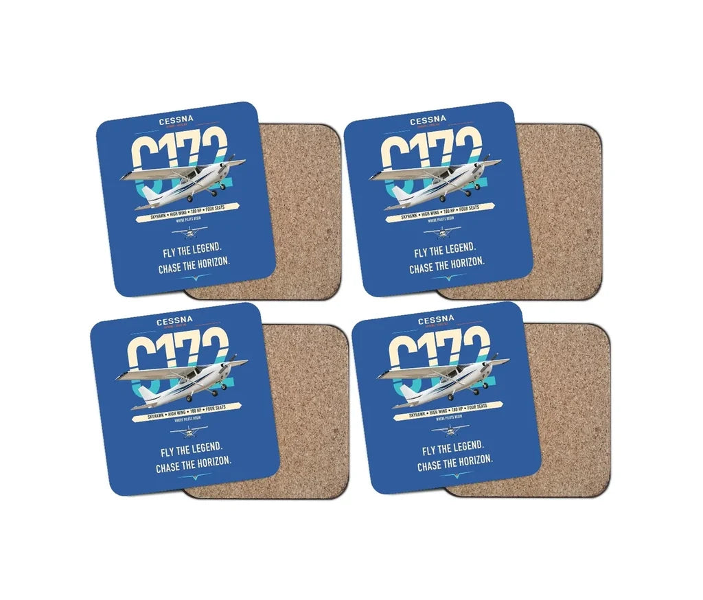 Cessna 172 Skyhawk design on blue 4 pieces set coaster