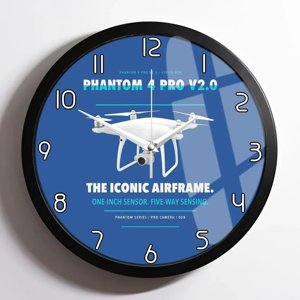 DJI Phantom 4 Pro V2.0 design on blue framed wall clock