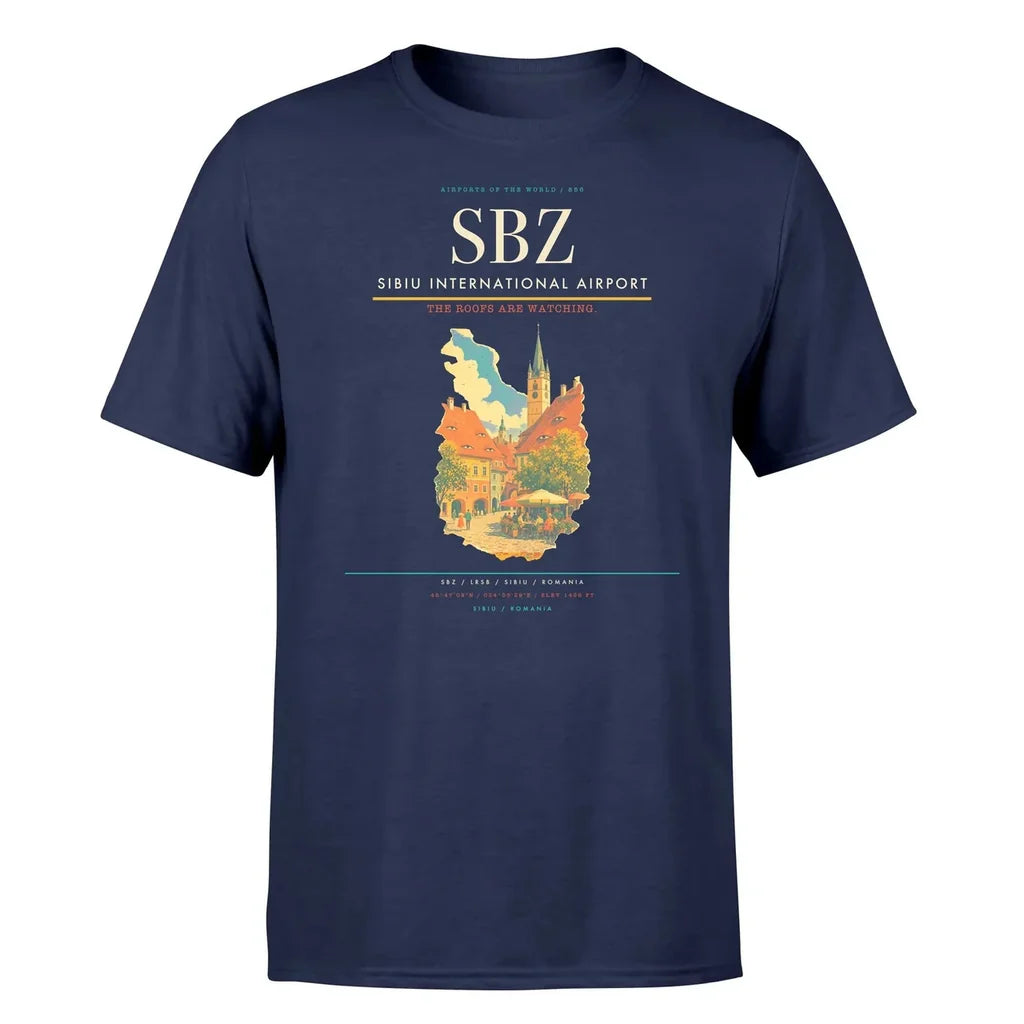 Sibiu International Airport (SBZ) T-Shirt single-side front print in Navy Blue | sibiu-international-airport-sbz-double-side-t-shirt