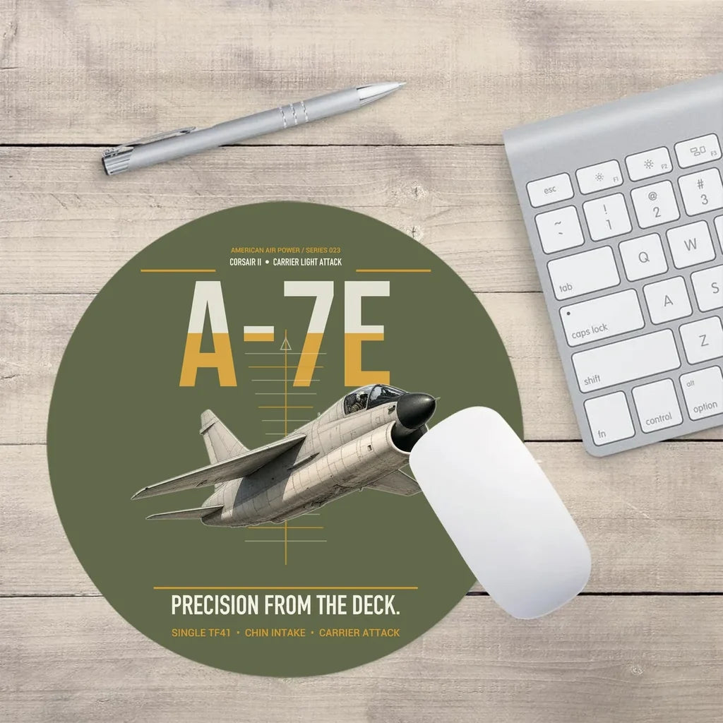 A-7E Corsair II design on green army round mouse pad