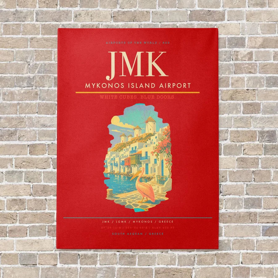 Mykonos Island Airport JMK vertical canvas print - no frame - red background
