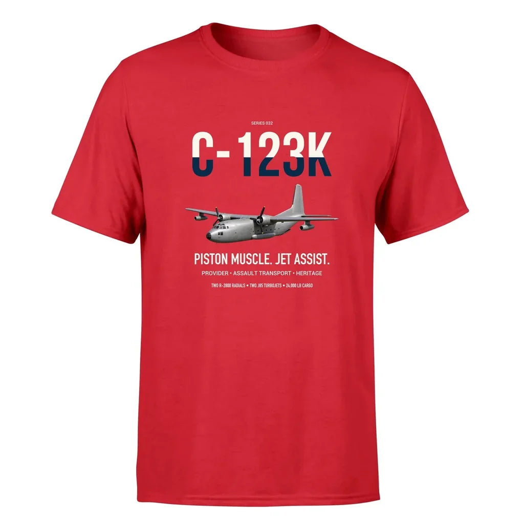 C-123K Provider design on red double-side t-shirt, single-side print