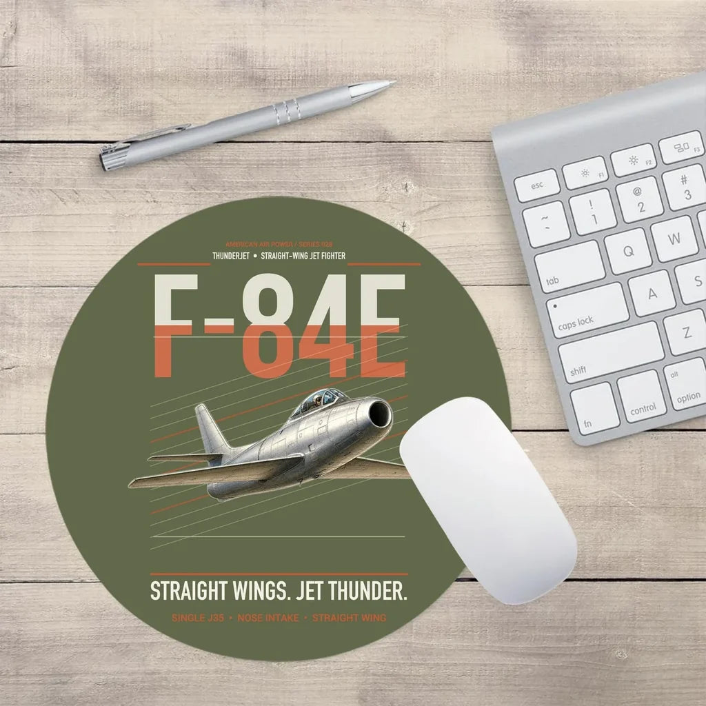 F-84E Thunderjet design on green army round mouse pad