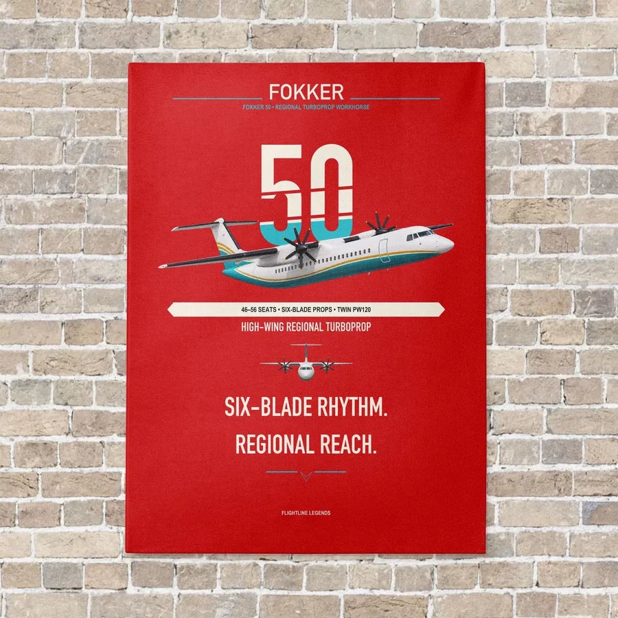Fokker 50 vertical canvas print - no frame - red background