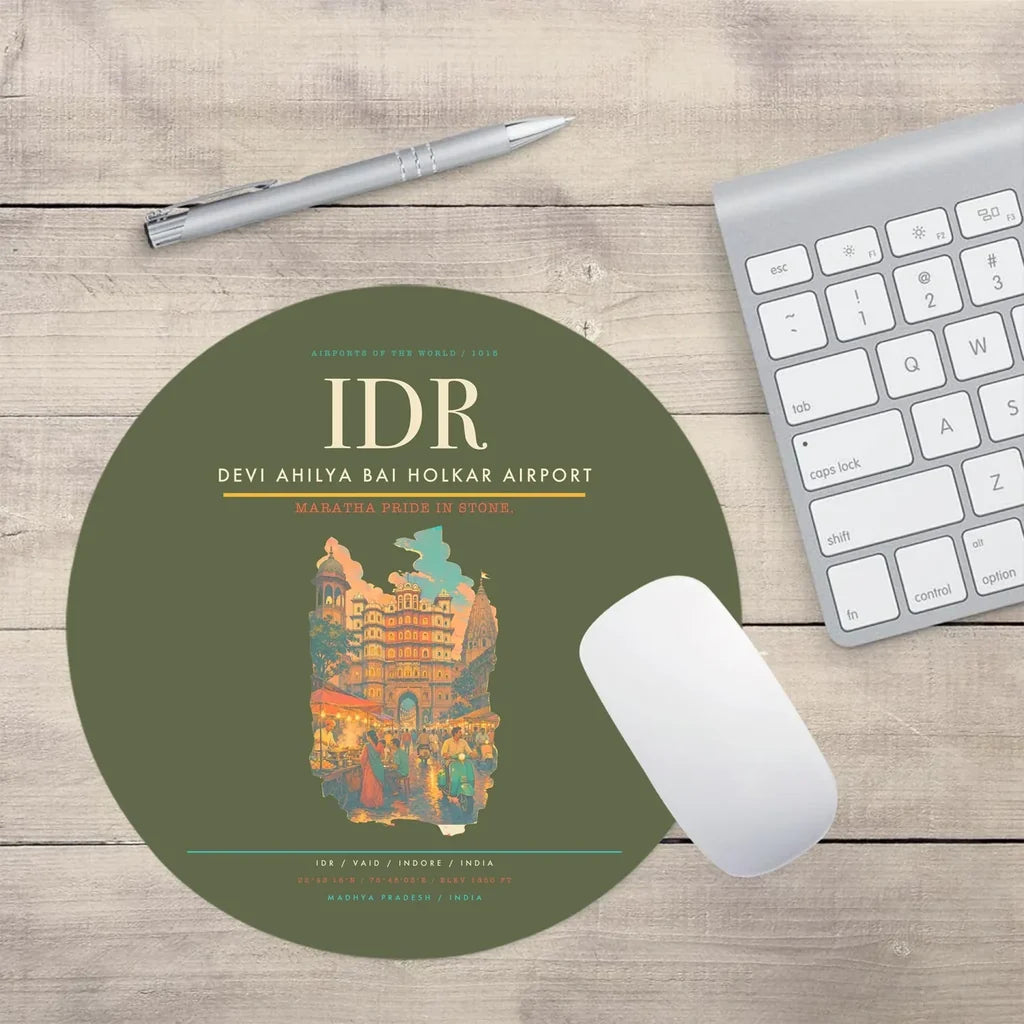 Devi Ahilya Bai Holkar Airport (IDR) design on green army round mouse pad