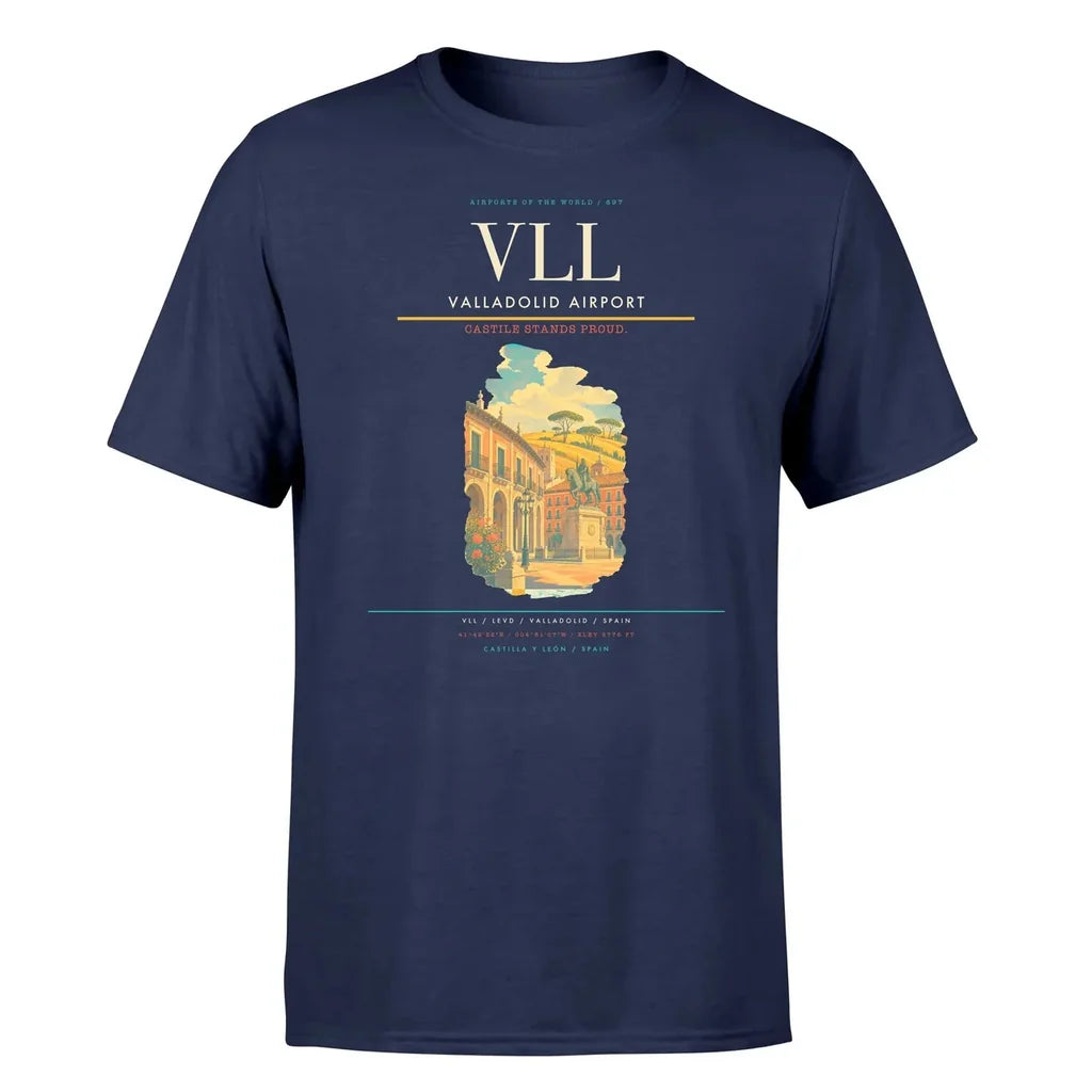 Valladolid Airport (VLL) T-Shirt single-side front print in Navy Blue | valladolid-airport-vll-double-side-t-shirt