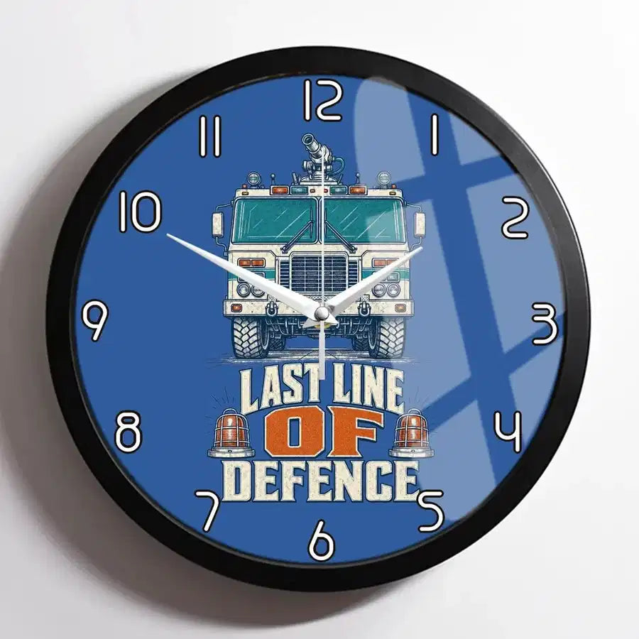 Last Line Of Defence design on blue framed wall clock
