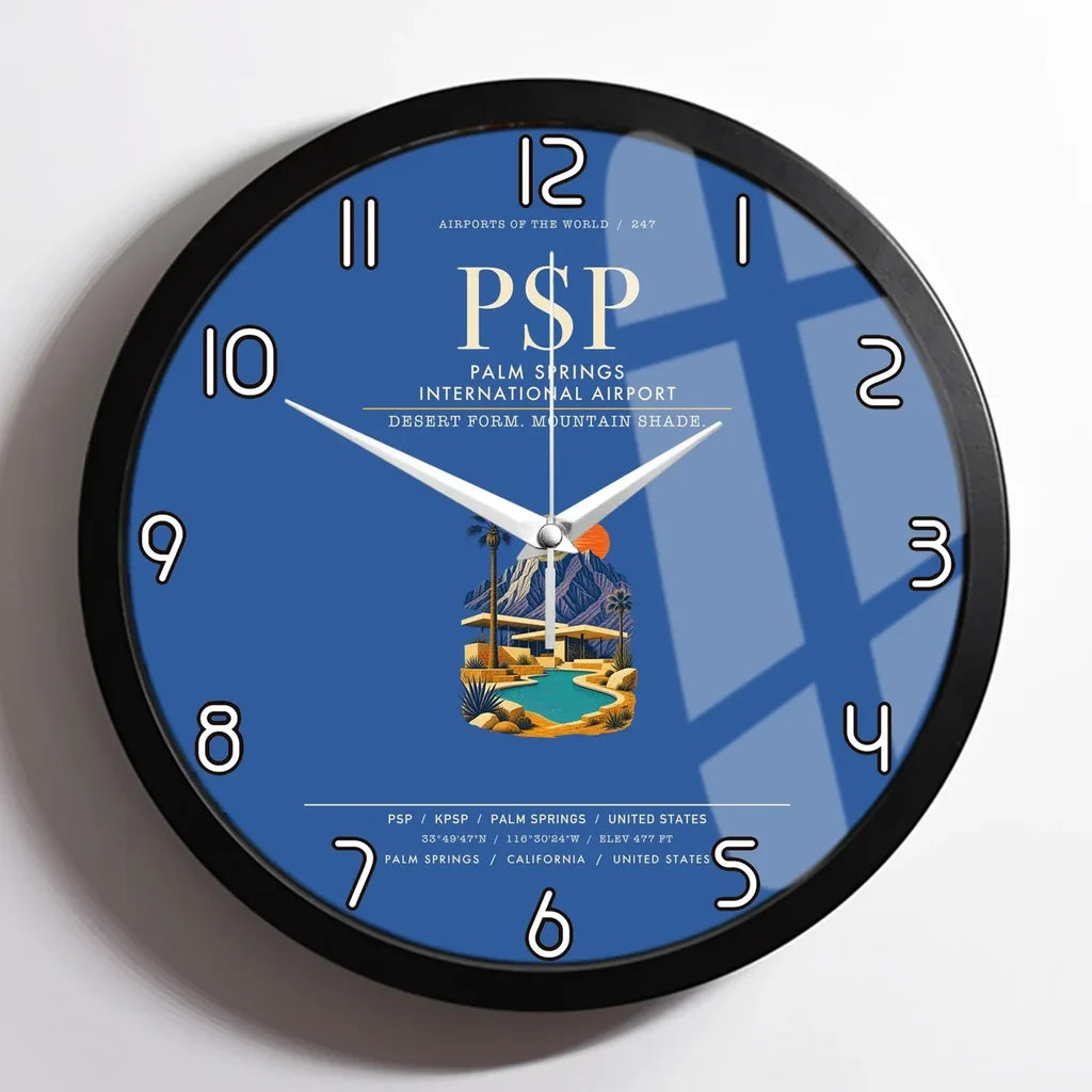 Palm Springs International Airport (PSP) design on blue framed wall clock