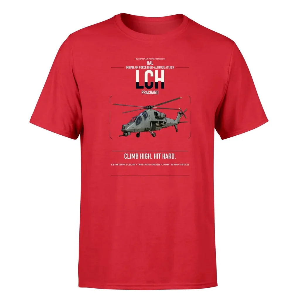 HAL LCH Prachand design on red t-shirt, single-side print