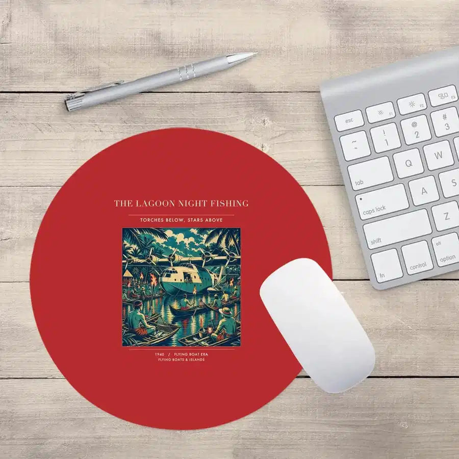VINTAGE G4407 - The Lagoon Night Fishing - Designed Mouse Pads design on red round