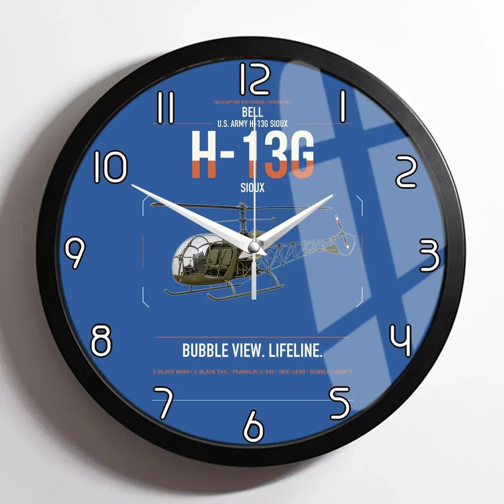 Bell H-13G Sioux design on blue framed wall clock