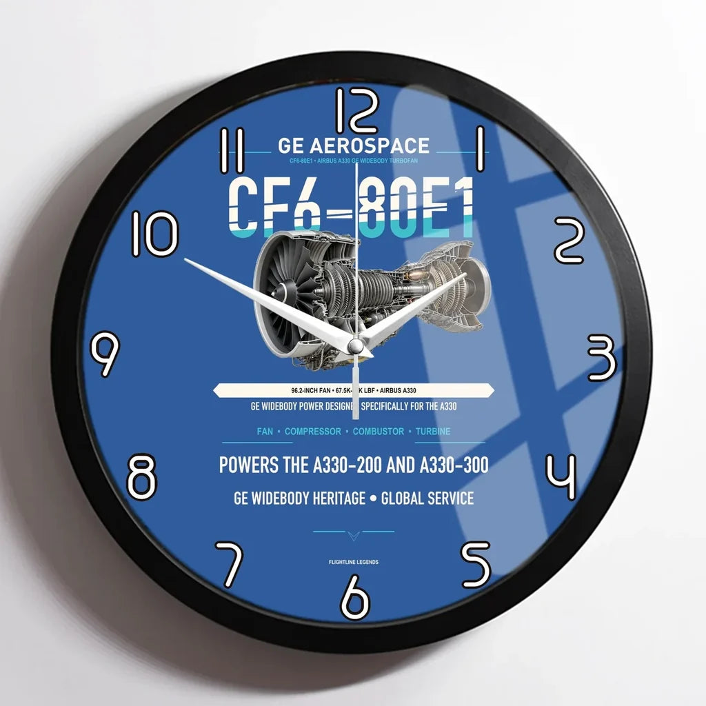CF6-80E1 design on blue framed wall clock