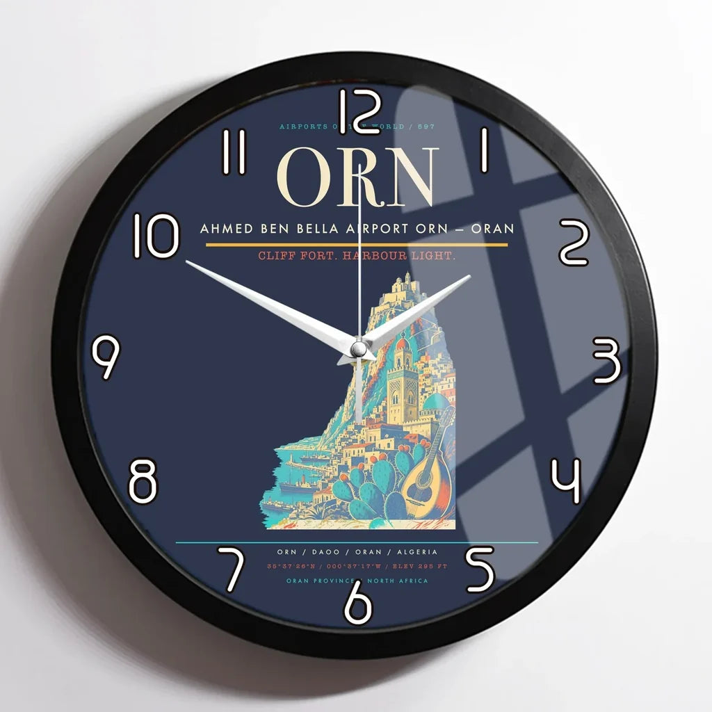 Ahmed Ben Bella Airport (ORN) design on navy blue framed wall clock
