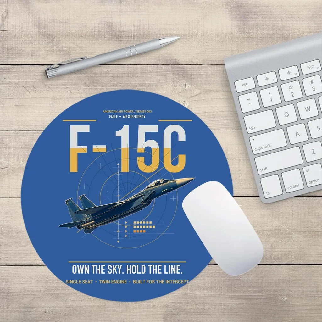F-15C Eagle design on blue round mouse pad