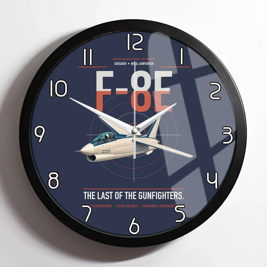 F-8E Crusader design on navy blue framed wall clock