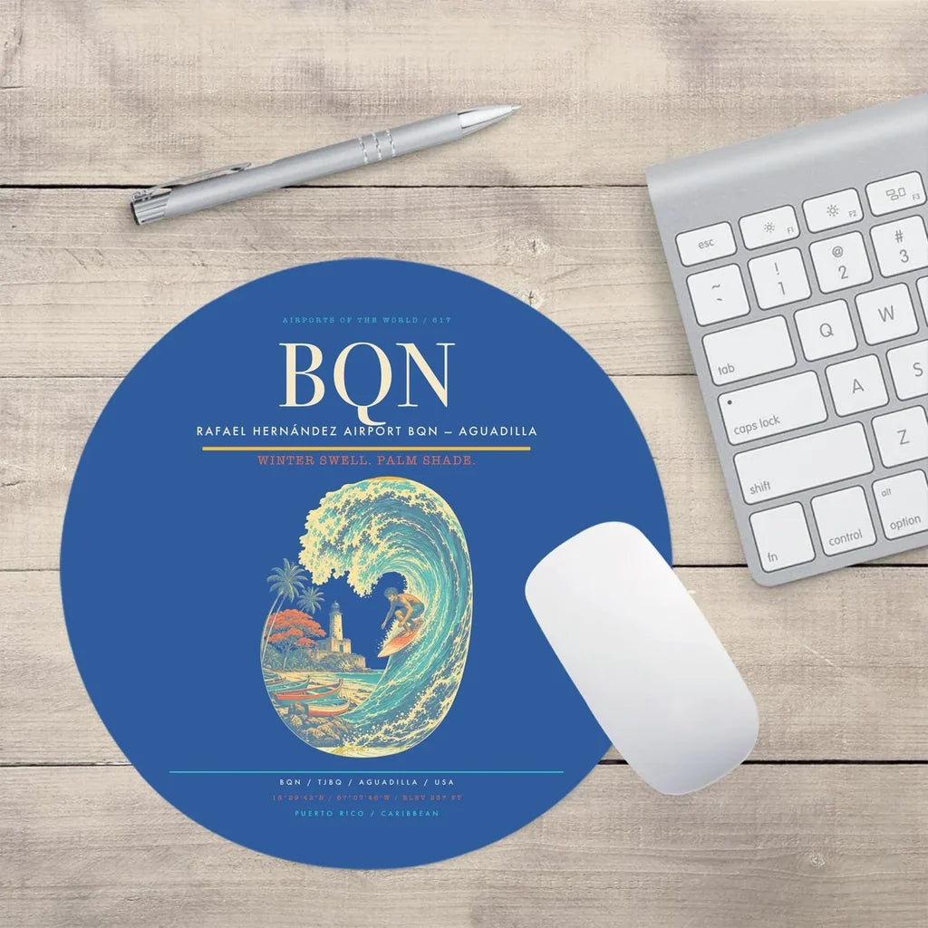 Rafael Hernández Airport (BQN) design on blue round mouse pad