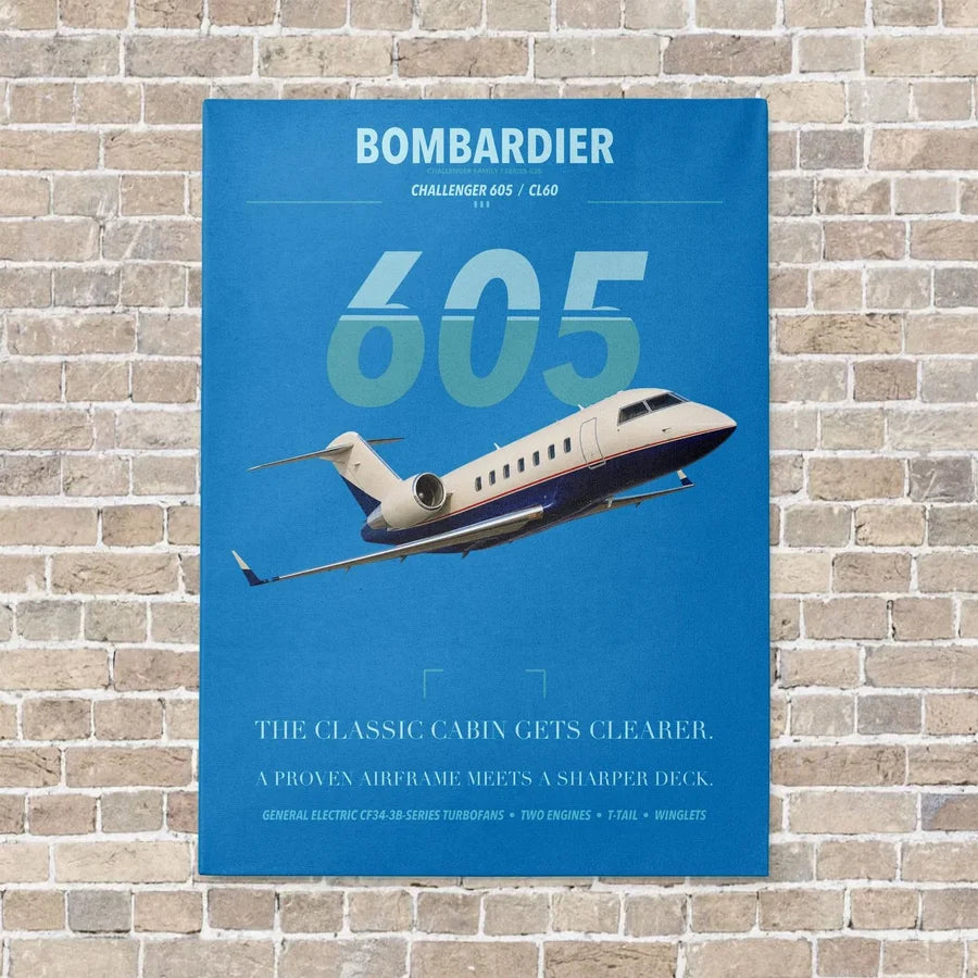 Bombardier Challenger 605 vertical canvas print - no frame - turquoise background