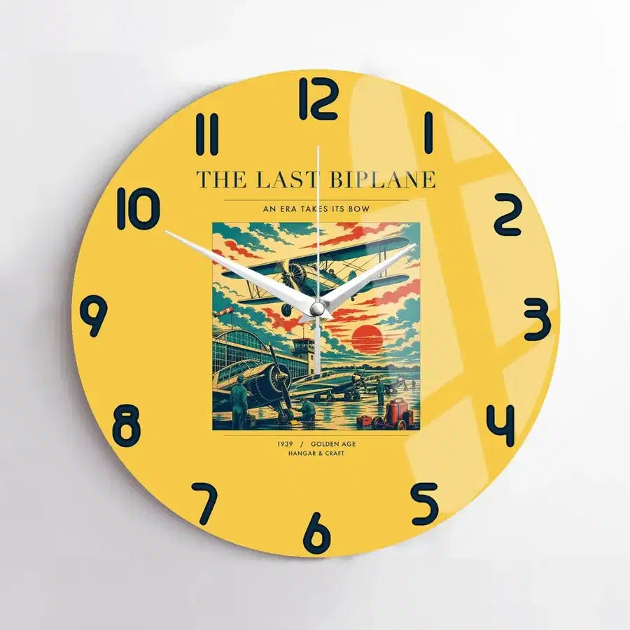 VINTAGE G4054 - The Last Biplane - Designed Wall Clocks design on yellow no-frame
