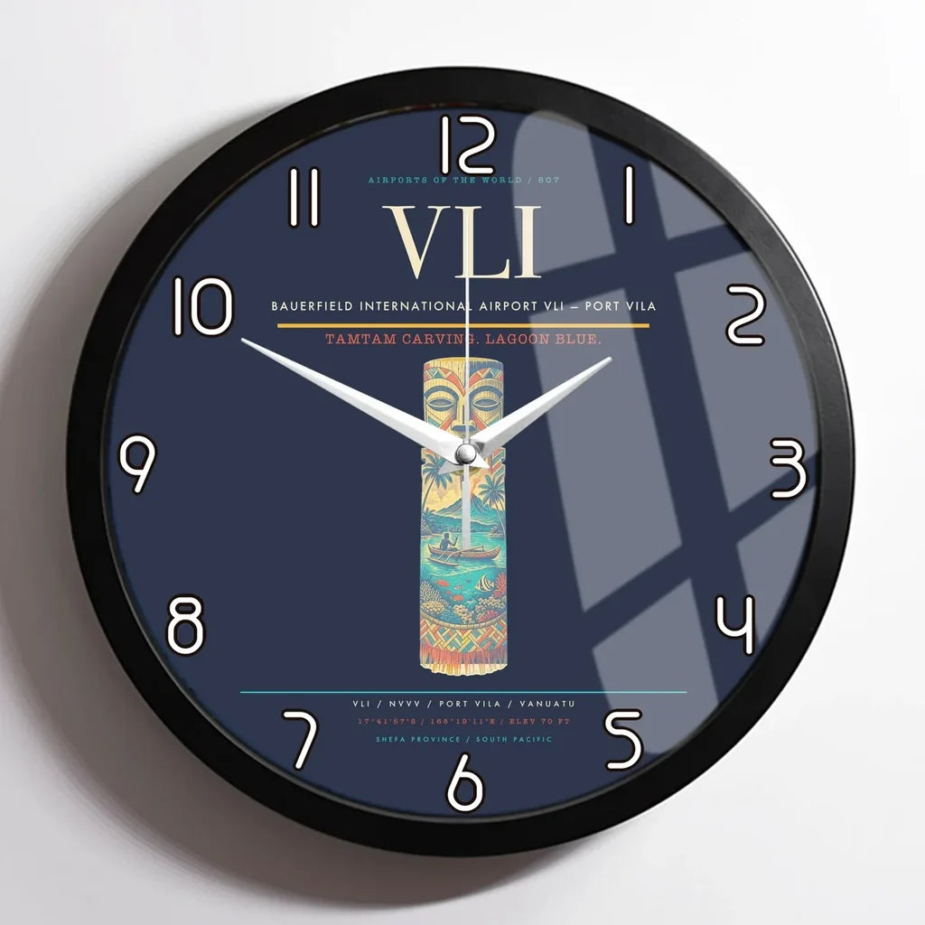 Bauerfield International Airport (VLI) design on navy blue framed wall clock
