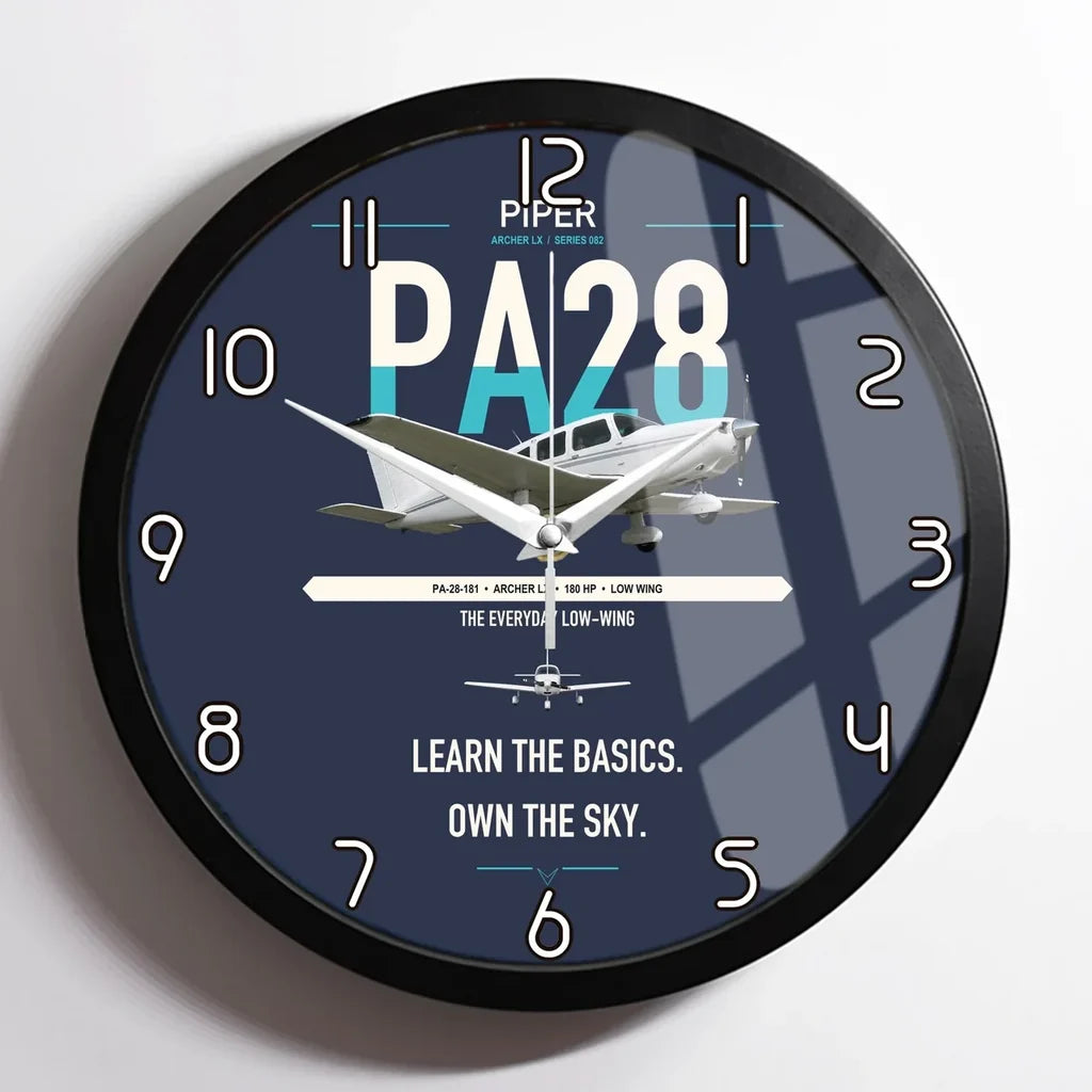 Piper PA-28-181 Archer LX design on navy blue framed wall clock