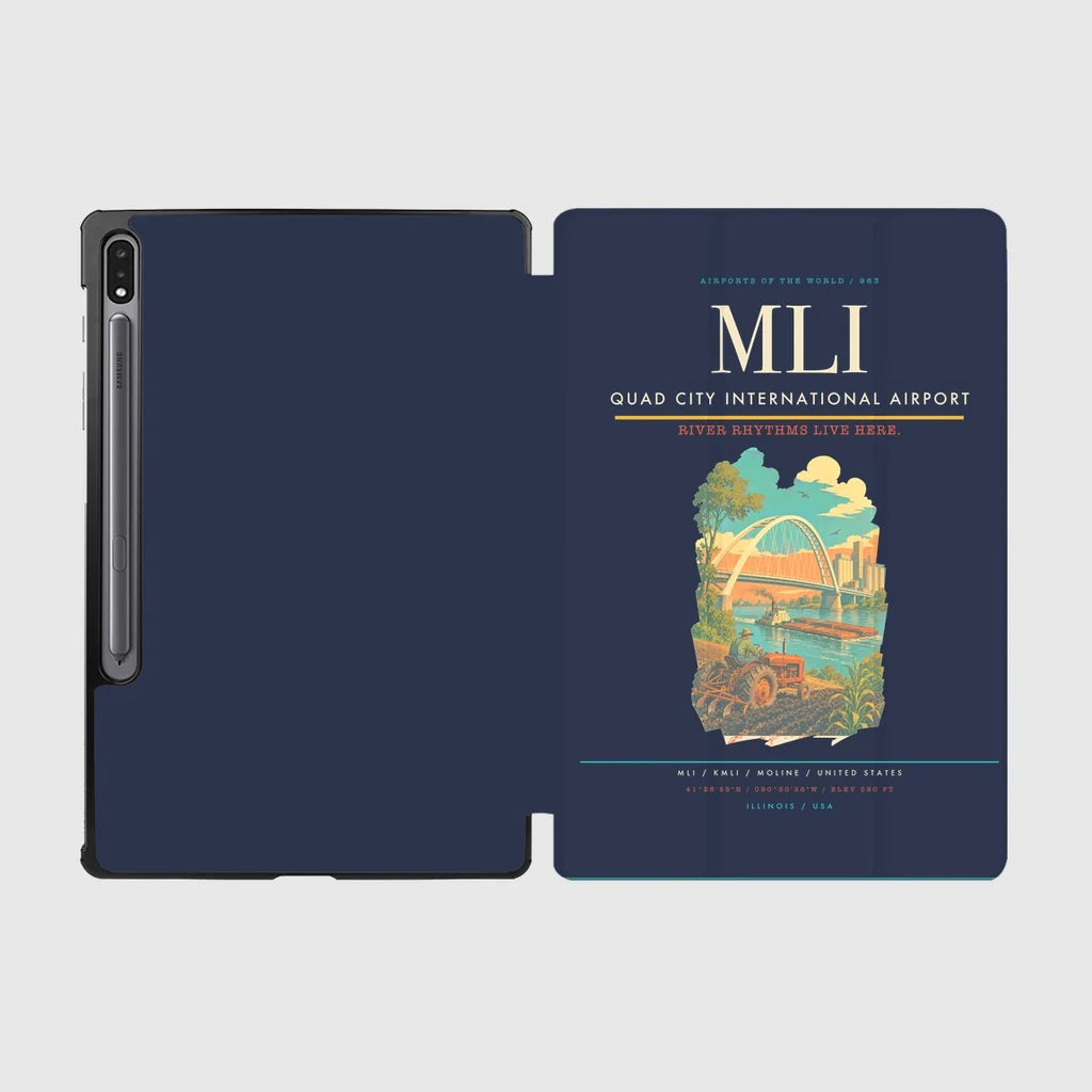 Quad City International Airport (MLI) design on navy blue samsung tablet tablet case