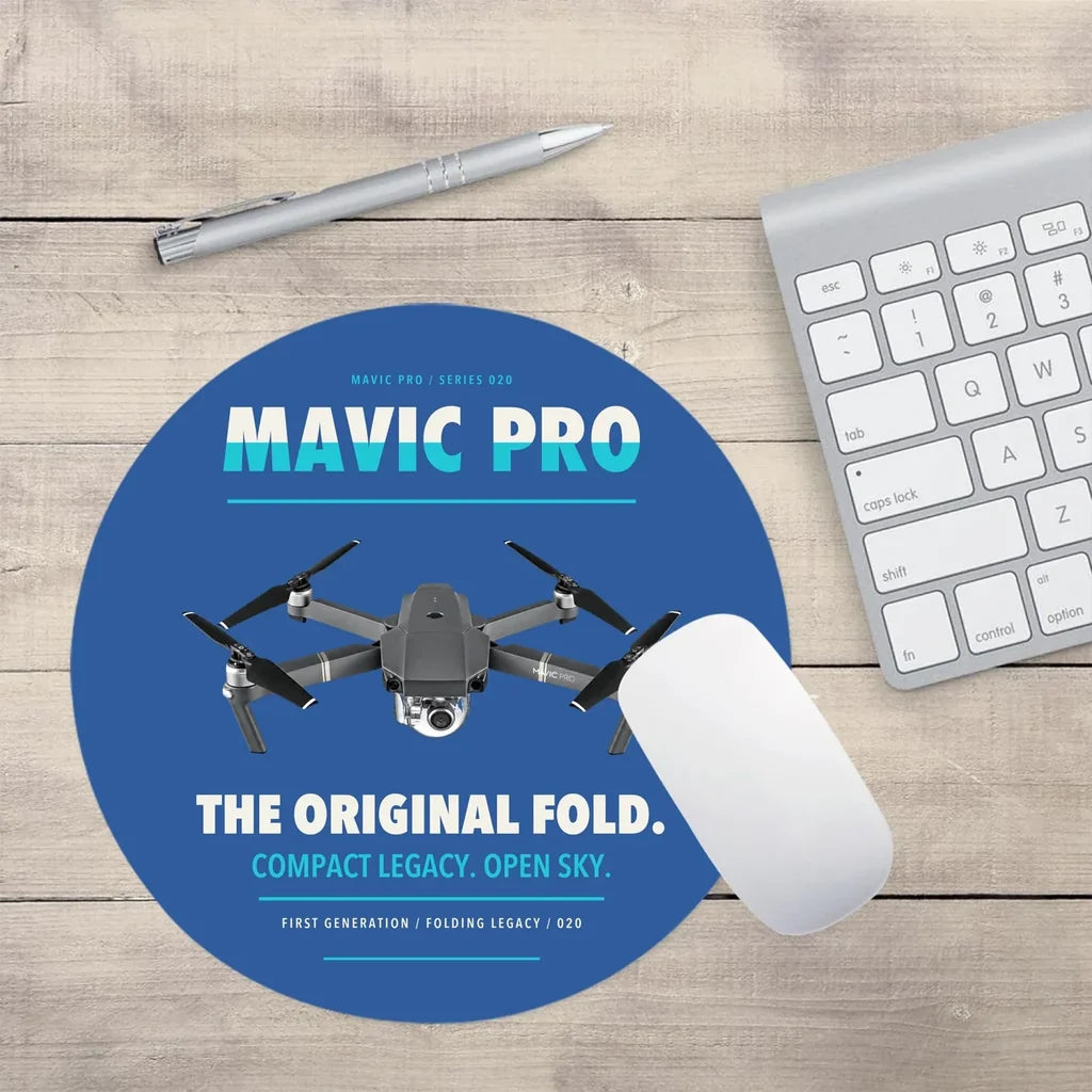 DJI Mavic Pro design on blue round mouse pad