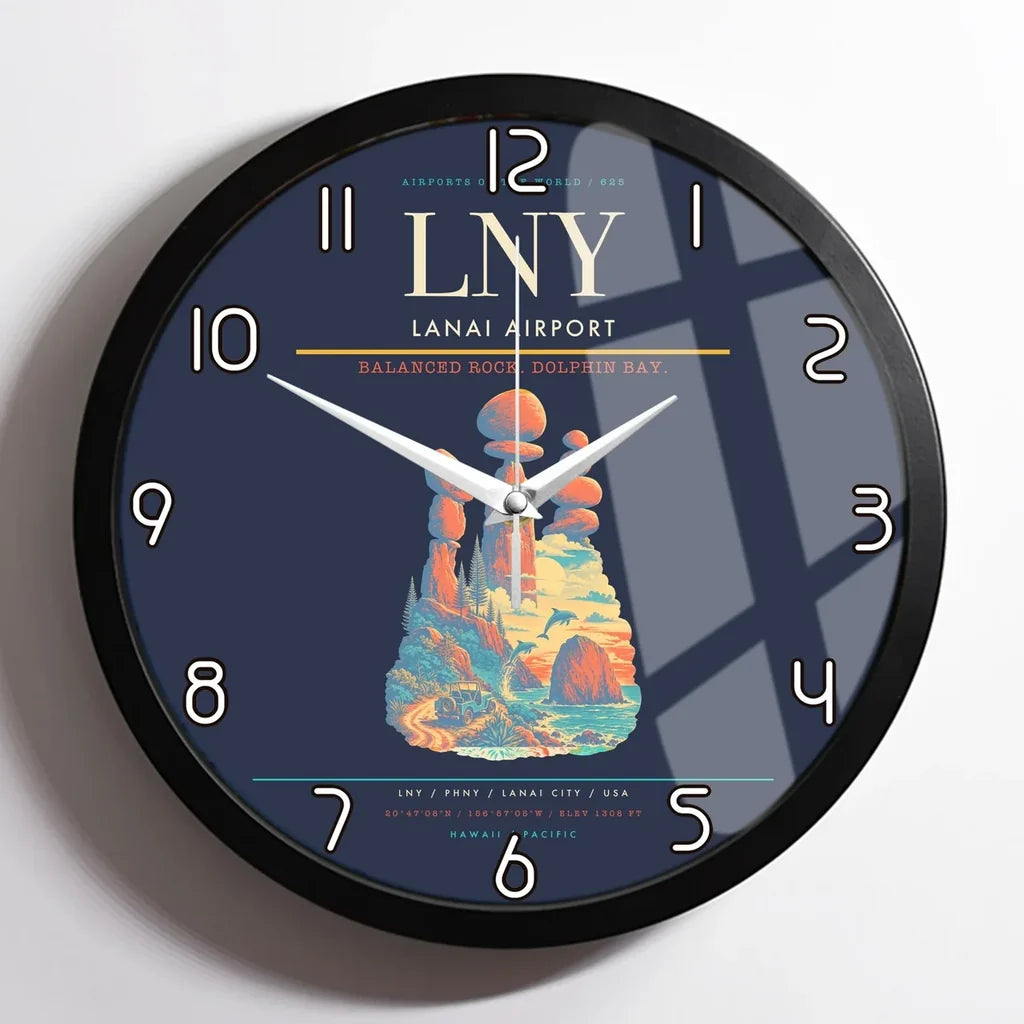 Lanai Airport (LNY) design on navy blue framed wall clock