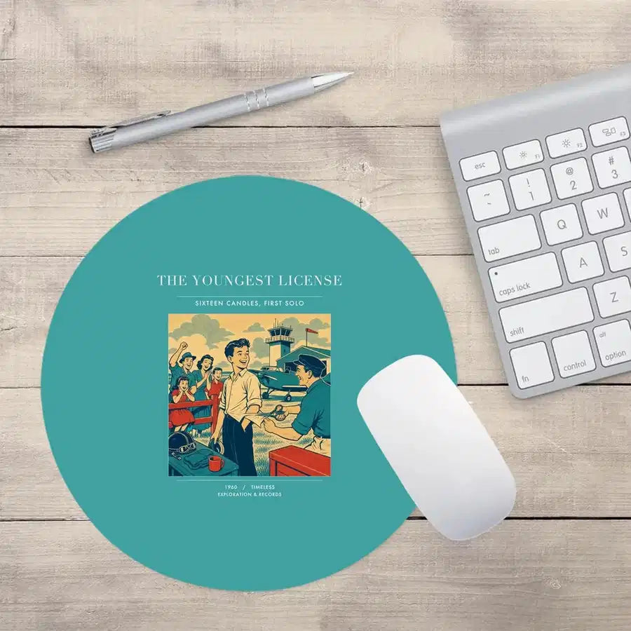 VINTAGE G4298 - The Youngest License - Designed Mouse Pads design on turquoise round