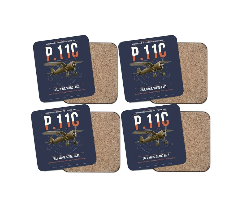 PZL P.11c design on navy blue 4 pieces set coaster