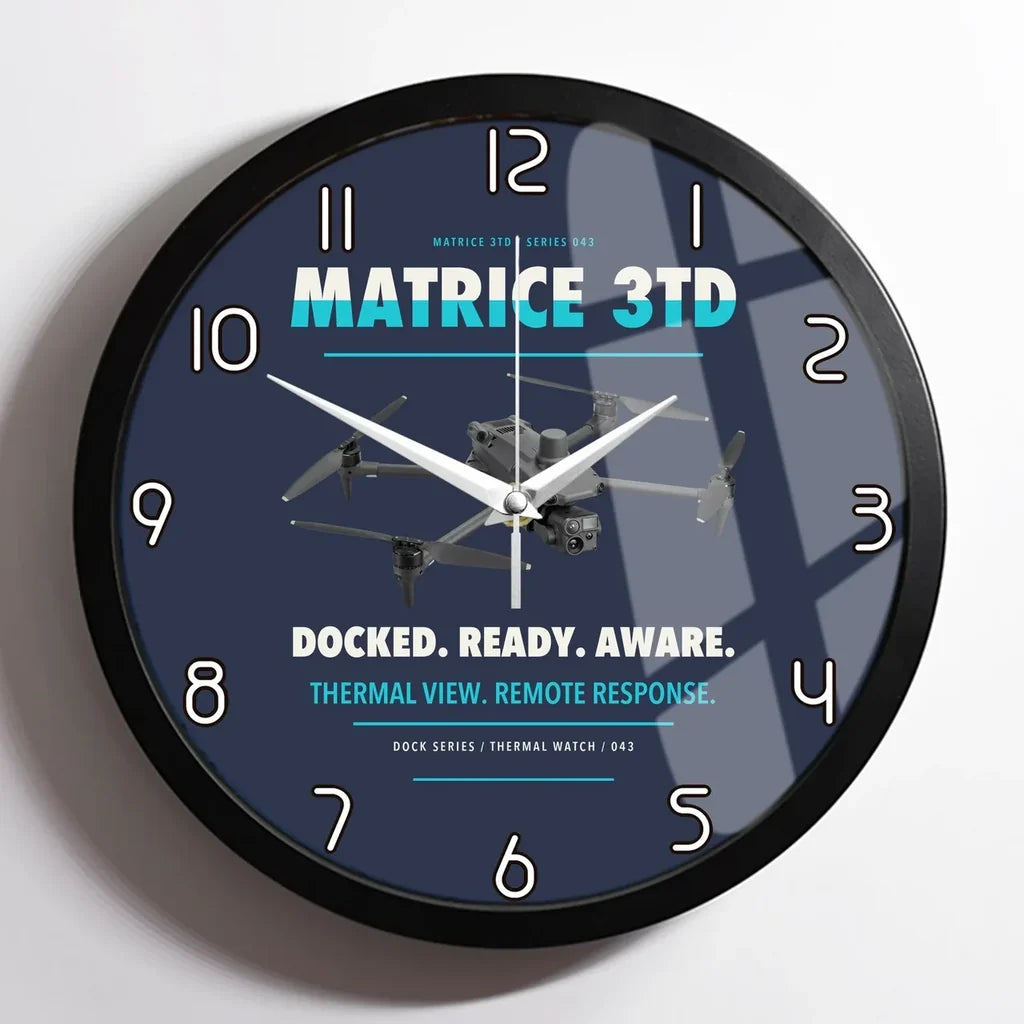 DJI Matrice 3TD design on navy blue framed wall clock