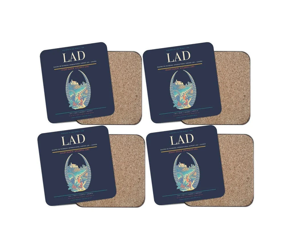 Quatro de Fevereiro International Airport (LAD) design on navy blue 4 pieces set coaster